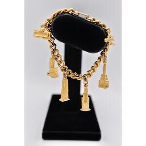 Vintage NYC Landmark Charm Bracelet Gold Tone Skyscraper Dangle Chain 80s BinO